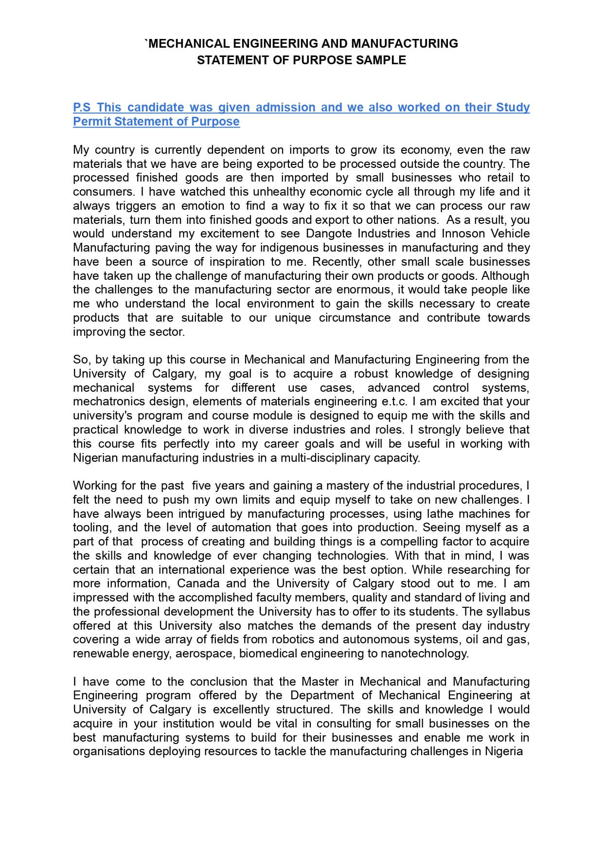 Mechanical Engineering and Manufacturing SOP for university of calgary