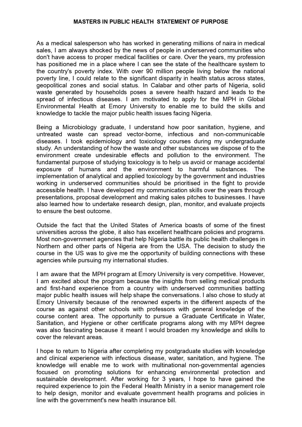 Master in public health ( global environmental health) SOP for Emory University