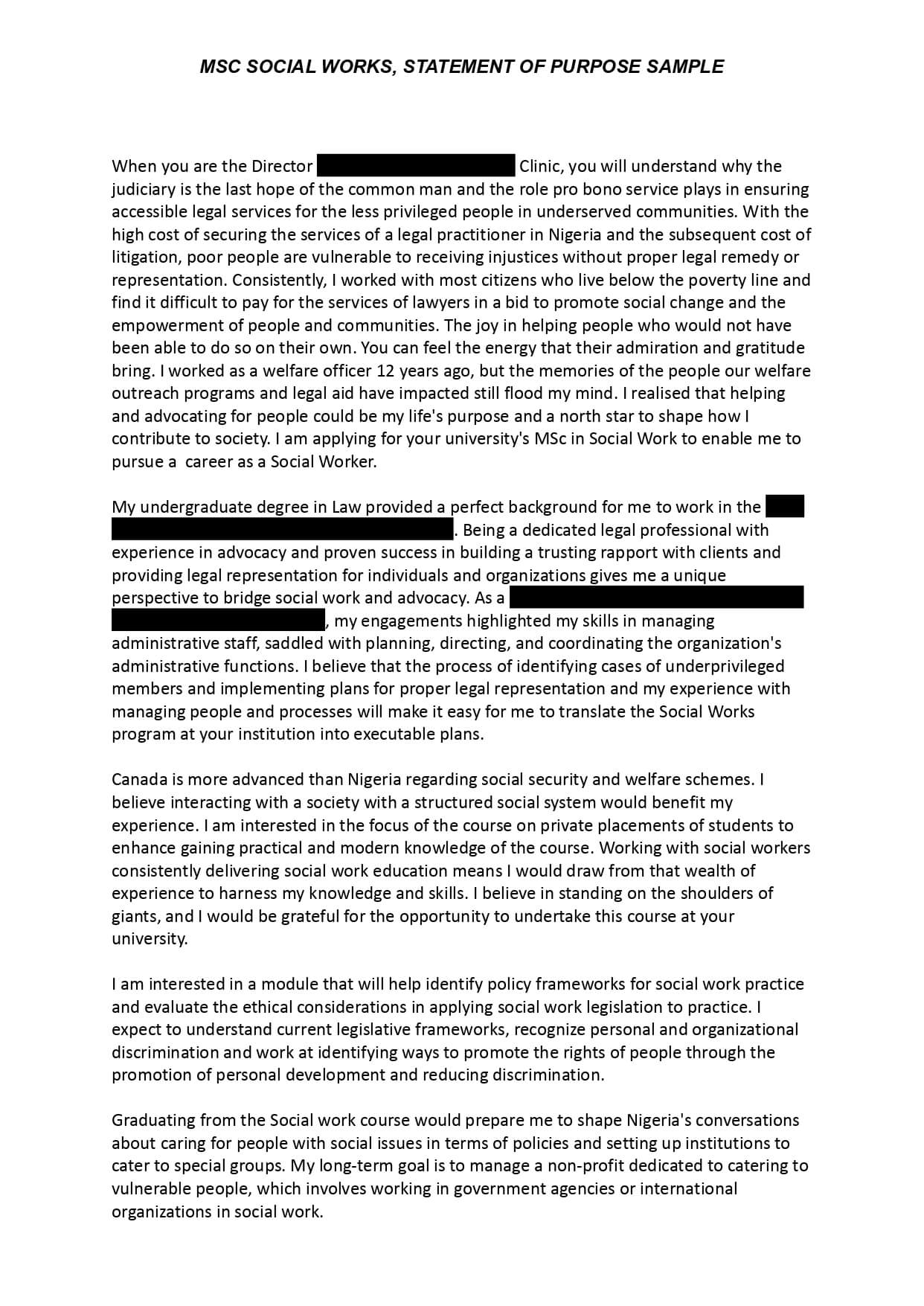 Masters of Social Works (MSW) Statement of Purpose sample